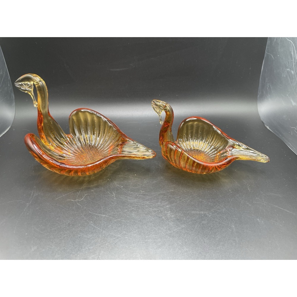 Set of Italy Hand Blown Art Glass Amber Swan Candy Dish‎ Nut Dish Trinket Dish